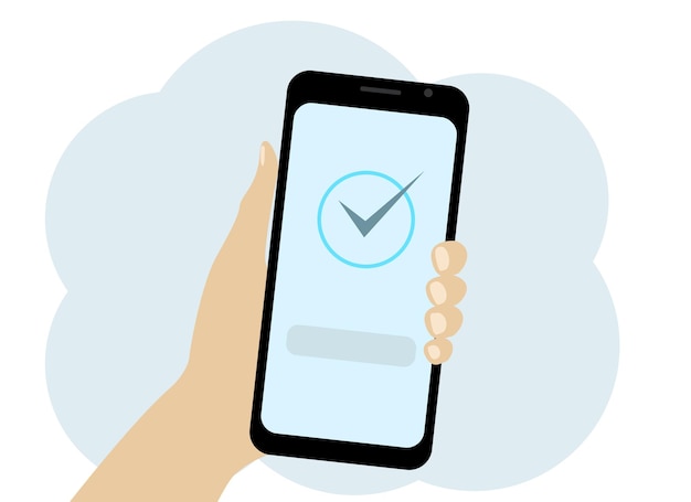 チェックマークの記号が付いている携帯電話で手を描くベクトル。正の符号