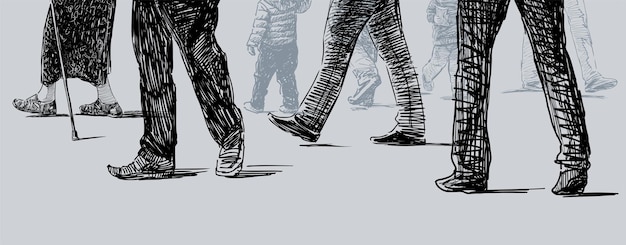 Vector vector drawing of legs casual city pedestrians walking along street