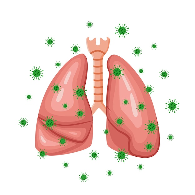 Vettore disegno vettoriale dei polmoni con virus polmoni di organi umani il virus attacca i polmoni