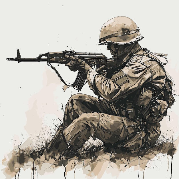 Vector drawing of a military soldier in khaki uniform wearing body armor