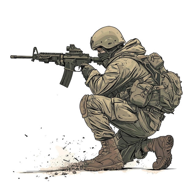 Vector vector drawing of a military soldier in khaki uniform wearing body armor