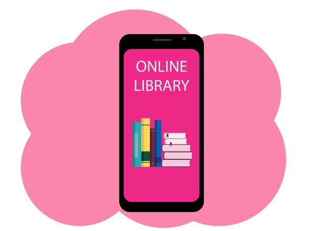 Vector drawing of a mobile phone with the image of books and the text online library