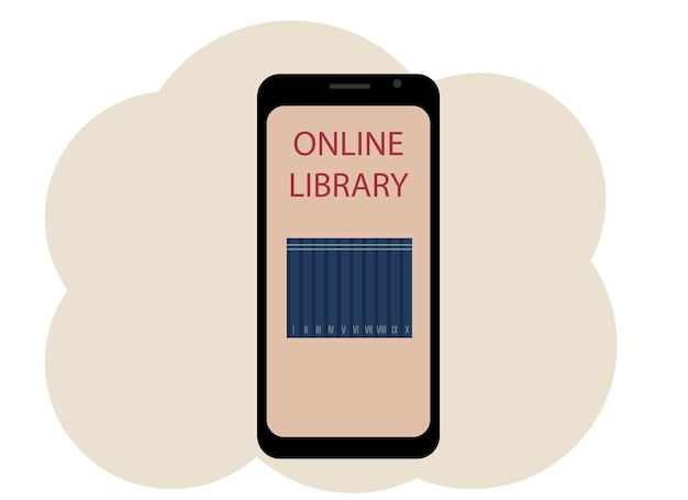 Disegno vettoriale di un telefono cellulare con l'immagine di libri e la biblioteca online di testo