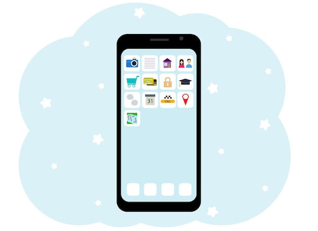 Vector drawing of a mobile phone with a lot of icons with different applications. chats, acquaintances, sms, contacts, purchases, card payments.