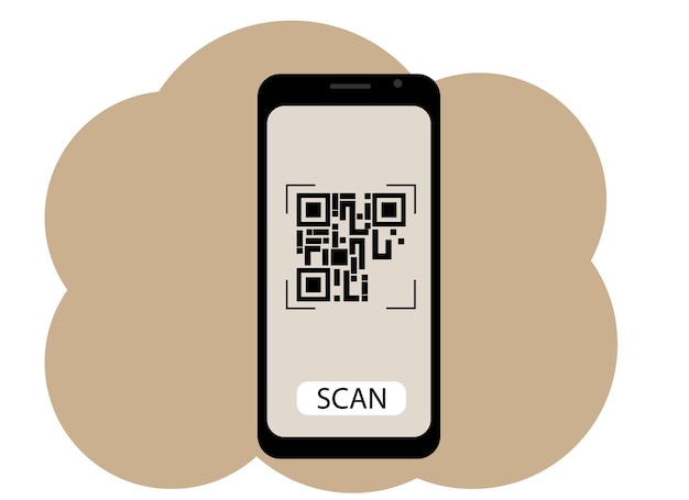 Qr 코드 화면에 그림이 있는 휴대 전화의 벡터 그림. 스캔 또는 생성