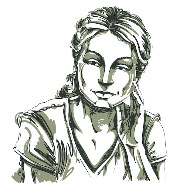 Вектор Векторный рисунок думающей женщины со стильной стрижкой. черно-белый портрет привлекательной мирной и спокойной дамы, позирующей модели.