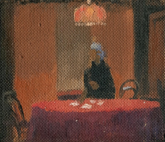 Vector drawing of oil painting on cardboard of old woman sitting at round table in room in evening