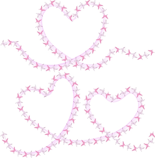 Vector drawing of pink flying butterflies in heart shapes