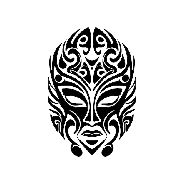 Vector drawing of a Polynesian mask tattoo with black and white colors