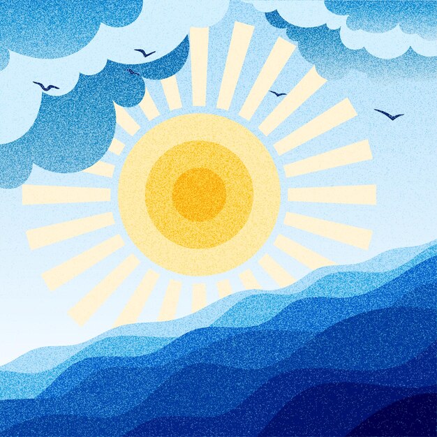 Vector vector drawing of sea waves and the sun noise pattern pointillism