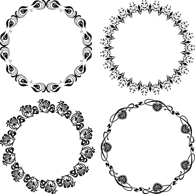 Vector drawing of set decorative floral round frames in vintage style