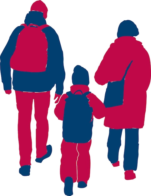 Vector drawing of silhouette family casual townspeople walking on a stroll