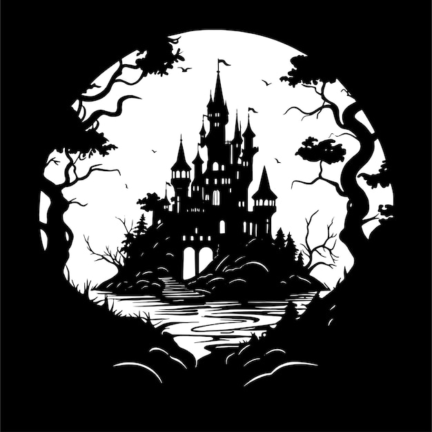 Vector vector drawing silhouette of a magic castle mystical castle against the backdrop of moon