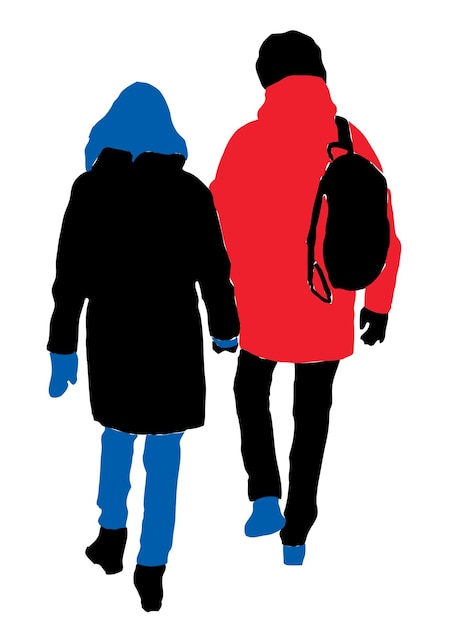 一緒に通りを歩いている市民のカップルのシルエットのベクトル描画