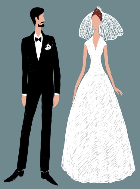 Vector drawing of silhouettes young bride and groom