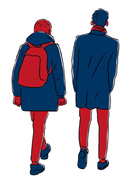 Vector drawing of students friends walking along street