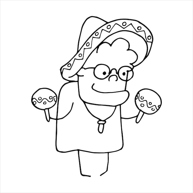 Disegno vettoriale nello stile di doodle bella donna anziana nonna in sombrero con maracas