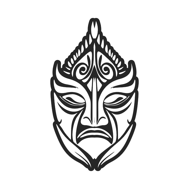 Vector drawing of a tattoo featuring a Polynesian mask in black and white