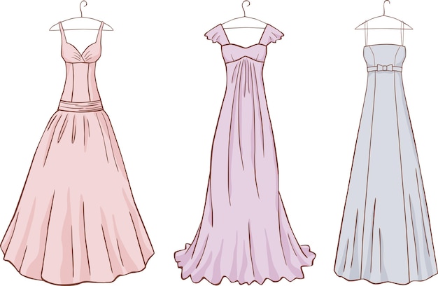 Vector drawing of three styles of evening dresses