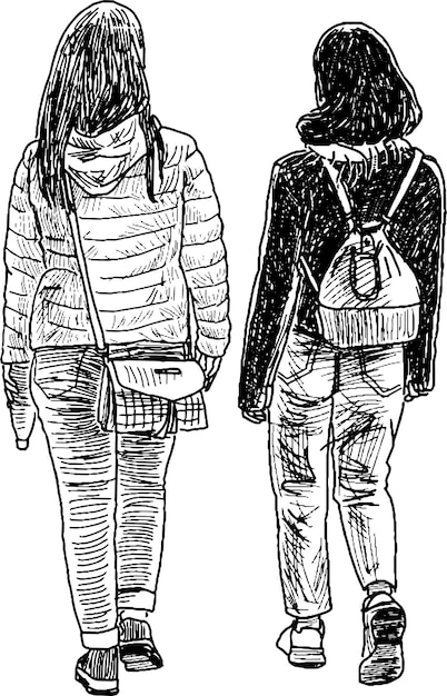 Vector vector drawing of two students girls walking outdoors