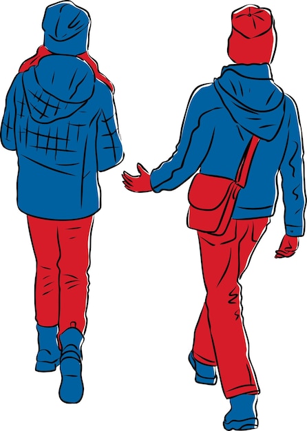 Vector drawing of two teen girls walking along street