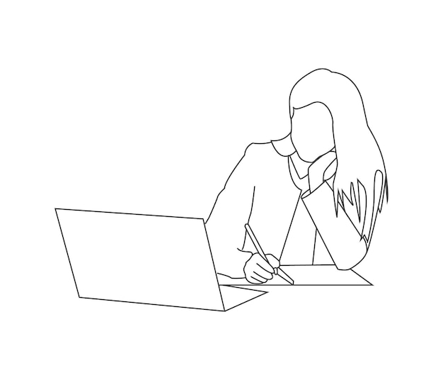 Vector drawing of woman using laptop continuous line art