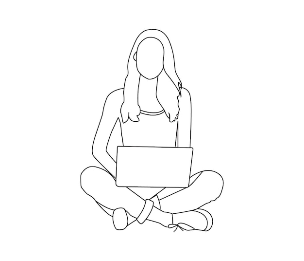 Vector drawing of woman using laptop continuous line art