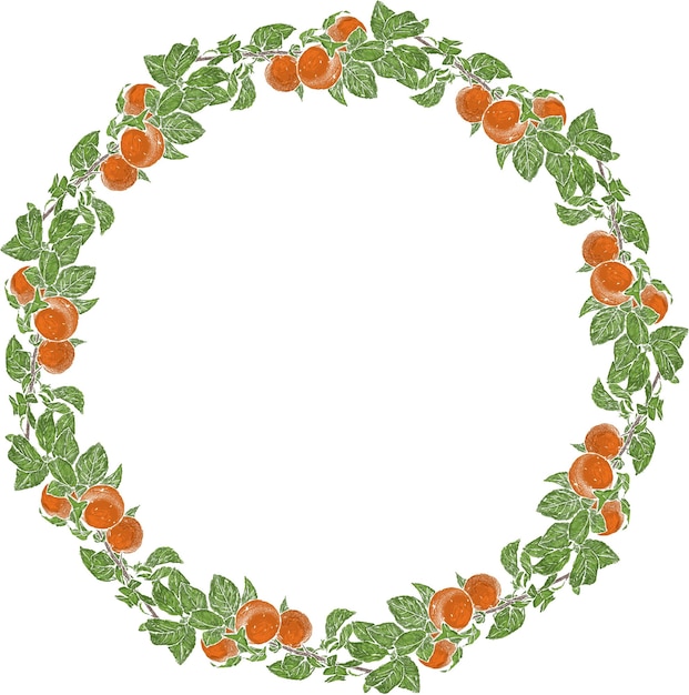 Vector drawing of wreath from branches with ripe mandarins and leaves