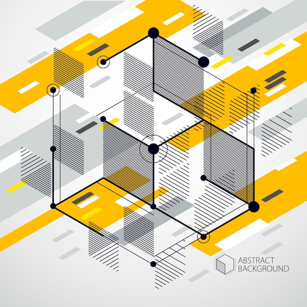 Disegno vettoriale del sistema industriale giallo creato con linee e cubi 3d. la moderna composizione geometrica può essere utilizzata come modello e layout.