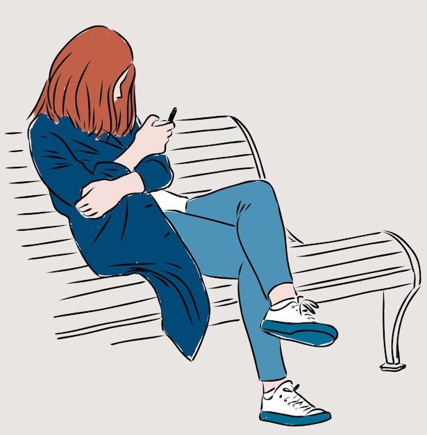 Vector vector drawing of young girl sitting on park bench with her smartphone