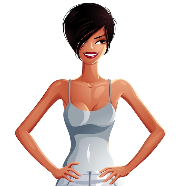 Vector vector drawing of a young pretty lady with fashionable female haircut. vector illustration of a woman with her hands akimbo, upper body portrait.