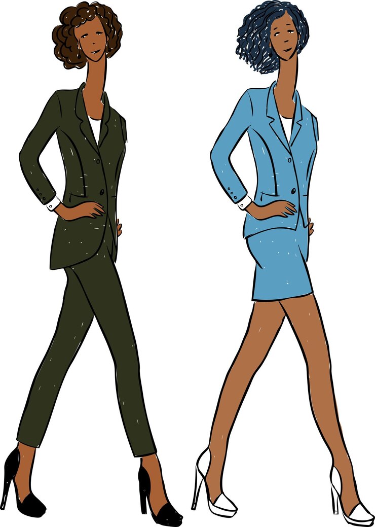 Vector vector drawing of young slim women in business suits walking on catwalk
