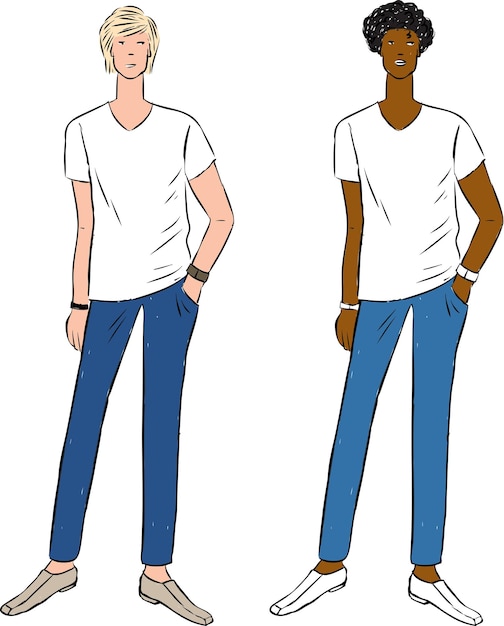 Векторные рисунки молодых людей в джинсах и белых футболках