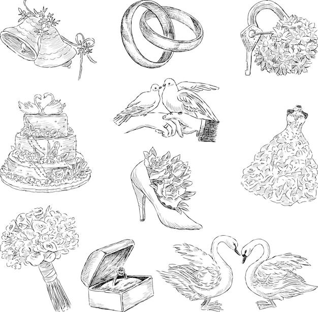 Vector vector drawings of set various traditional wedding symbols
