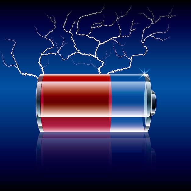 Vector drawn battery symbol and lightning.Background is blue gradient.