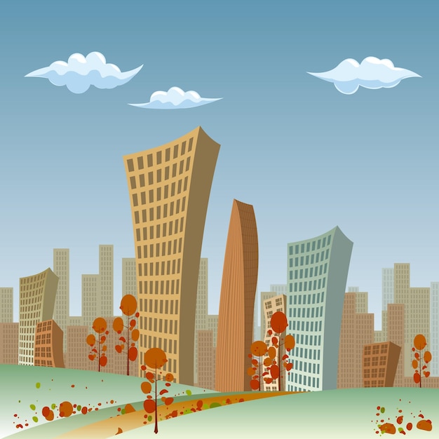 Vector drawn city landscape. cloudy sky, houses and trees.