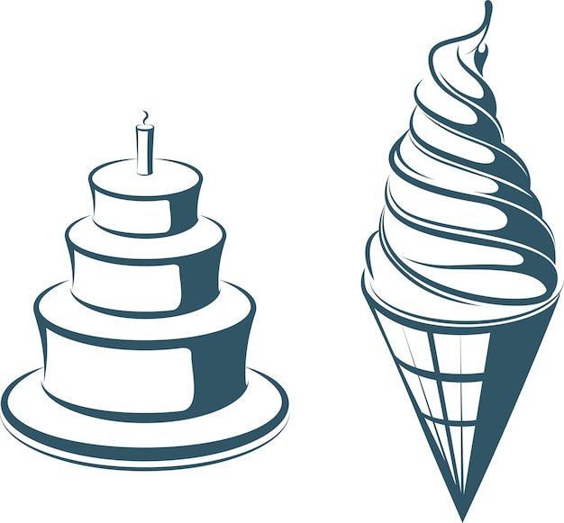 Vector drawn ice cream and cakes. Isolated on white background.