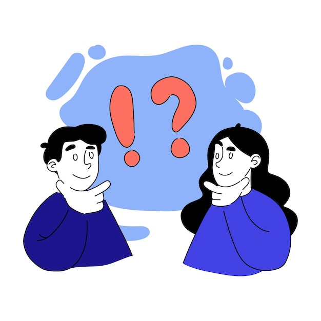 Vector drawn illustration of communicating people man woman exclamation point question mark thinking discussion talk debate conversation communication concept blue and pink pastel colors