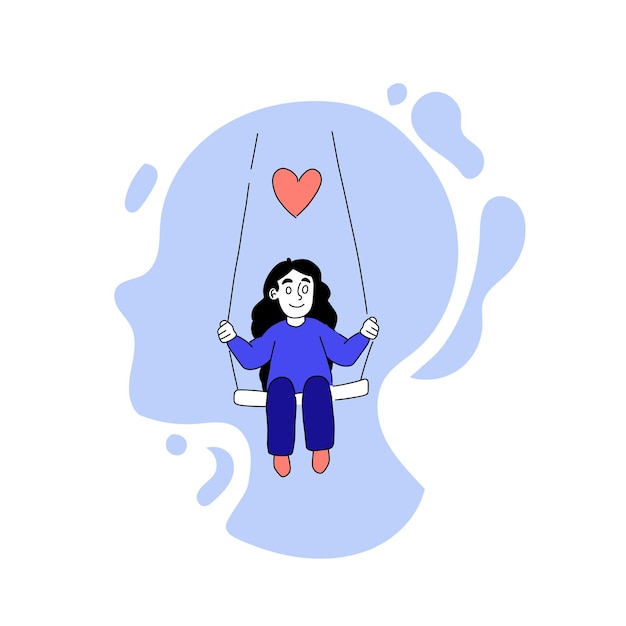 Vector drawn illustration of girl on a swing Heart woman seesaw calmness mental health unity with nature meditation psychotherapy disorder Mindfulness concept Blue and pink pastel colors