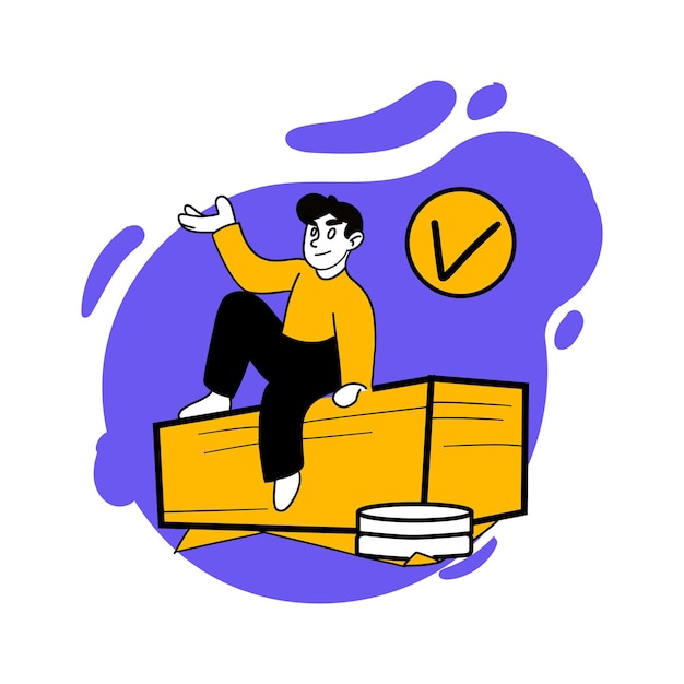 Vector drawn illustration of man sitting on stack of money Earn money businessman salary income spending savings banking checkmark coin Financial management concept Flat drawing style EPS10