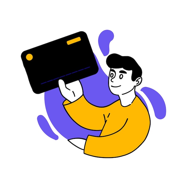 Vector drawn illustration of man with bank card Salary income cashless payment pay earn money spending expense banking Financial management concept Flat drawing style EPS10