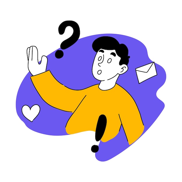 Vector drawn illustration of question and answer Man letter frequently asked questions envelope email heart FAQ hotline support service chat Communication concept Flat drawing style EPS10