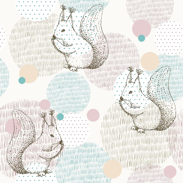 Vector drawn seamless geometric pattern with squirrel