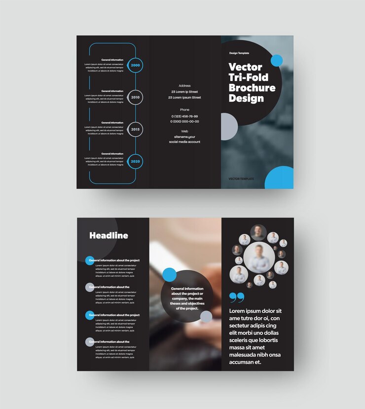 Vector driebladige sjabloon met blauwe, grijze ronde ontwerpelementen op zwarte achtergrond, creatieve brochure met realistische schaduwen voor het bedrijfsleven. Leflet lay-out, bedrijfsbrochure. Open standaard set covers