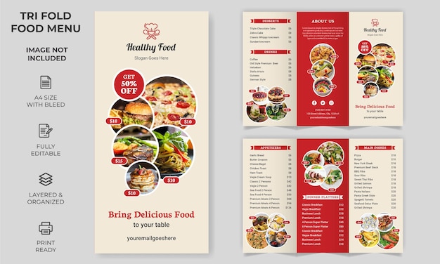 Vector driebladige voedselmenu brochure sjabloon eenvoudige stijl en moderne lay-out