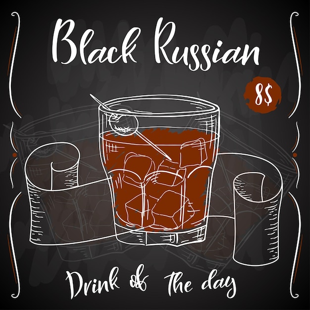 Poster di dring vettoriale cocktail black russian per ristorante e bar illustrazione disegnata a mano