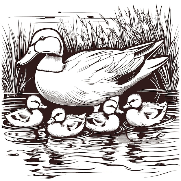 Vector duck and ducklings hand drawing sketch