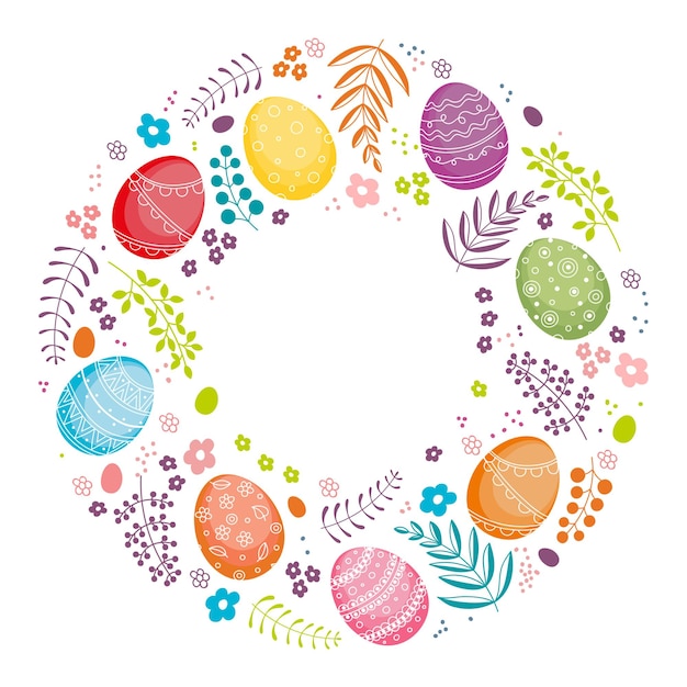 Vector vector easter background with round frame of eggs leaves berries branches happy easter easter eggs