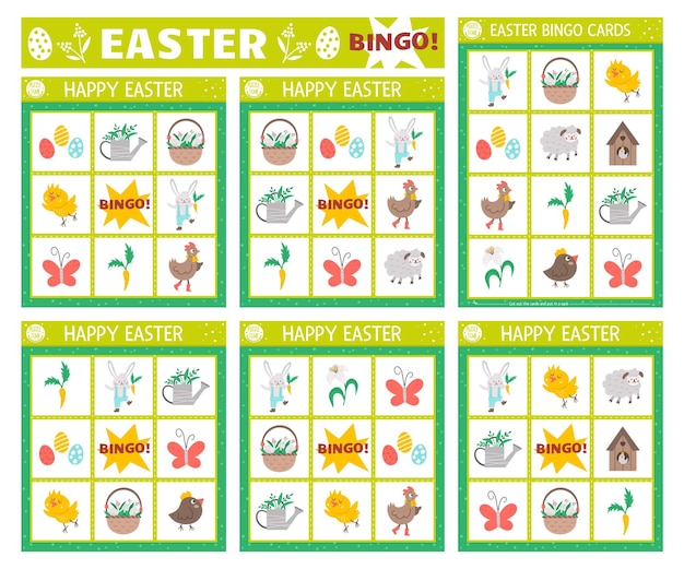 Set di carte del bingo di pasqua vettoriale divertente gioco da tavolo del lotto per famiglie con simpatico coniglietto gallina pollo uova di pasqua per bambini attività della lotteria delle vacanze primaverili semplice foglio di lavoro educativo stampabilexa