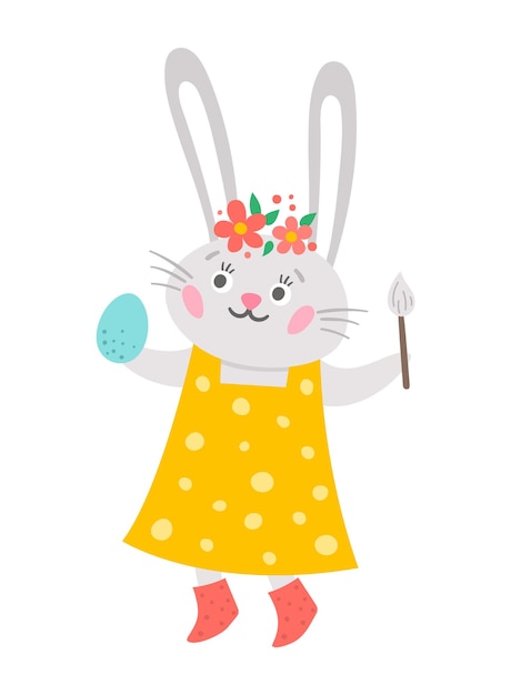 Vector vector easter bunny icon. rabbit girl in dress with brush and colored egg isolated on white background. cute animal illustration with flowers on head for kids. funny spring hare picture.